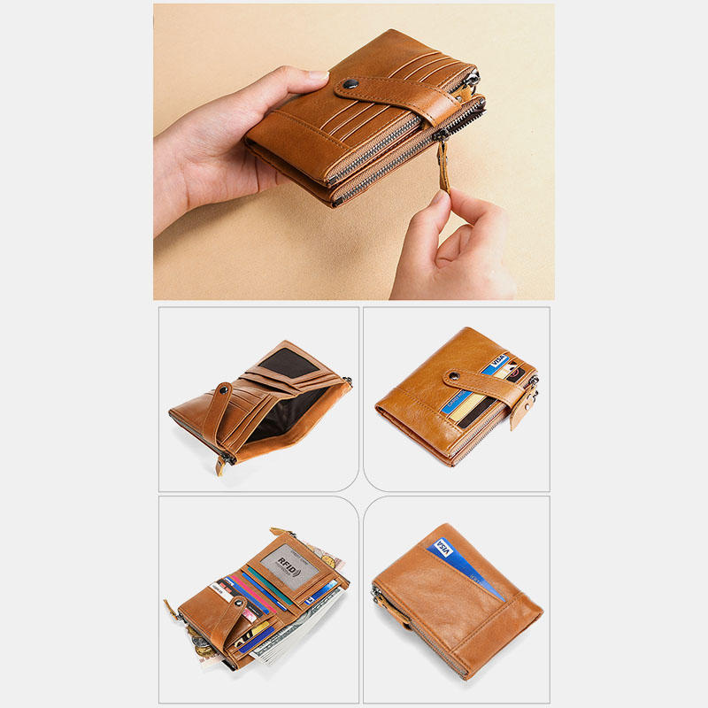 Men Genuine Leather Vintage RFID Blocking Zipper Coin Wallet
