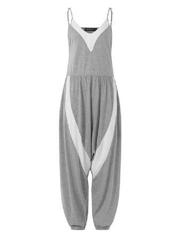 Women Patchwork V-Neck Sleeveless Sling Knitted Casual Loose Jumpsuit