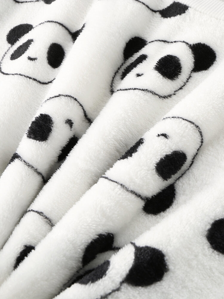 Women All Over Cartoon Panda Long Sleeve Plush Warm Home Pajama Set