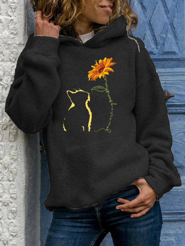 Women Abstract Cat And Sunflower Print Long Sleeve Kangaroo Pocket Hoodies