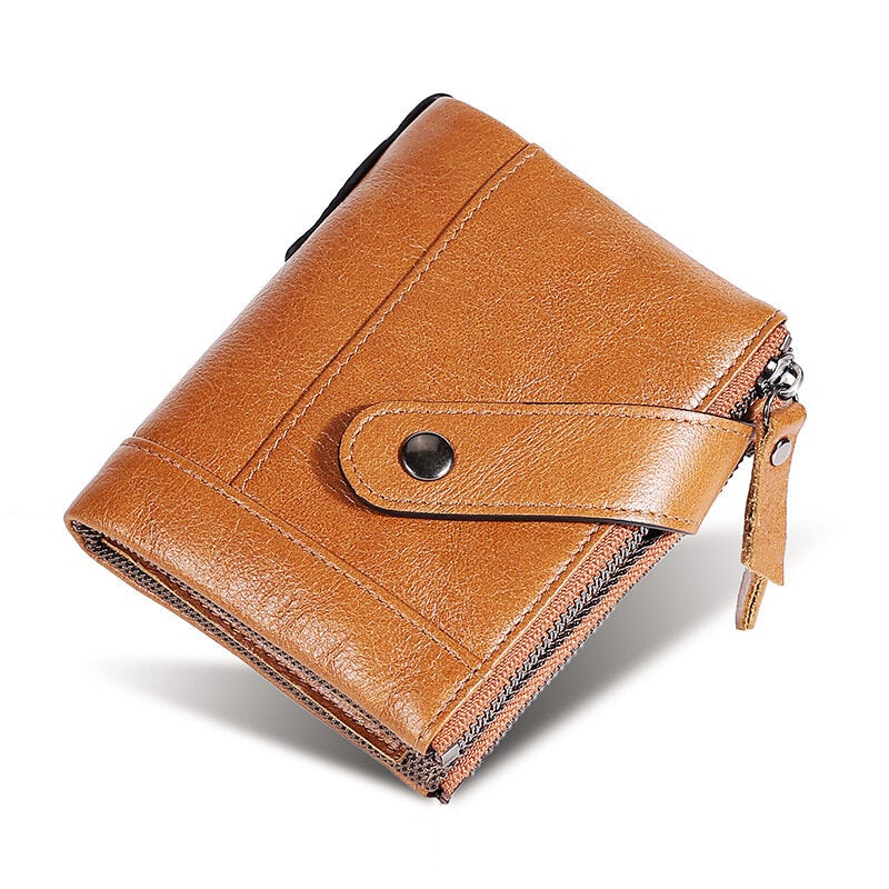 Men Genuine Leather RFID Blocking Vintage Double Zipper Cards Holder Wallet