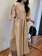 Pleat Solid Puff Sleeve Round Neck Midi Dress