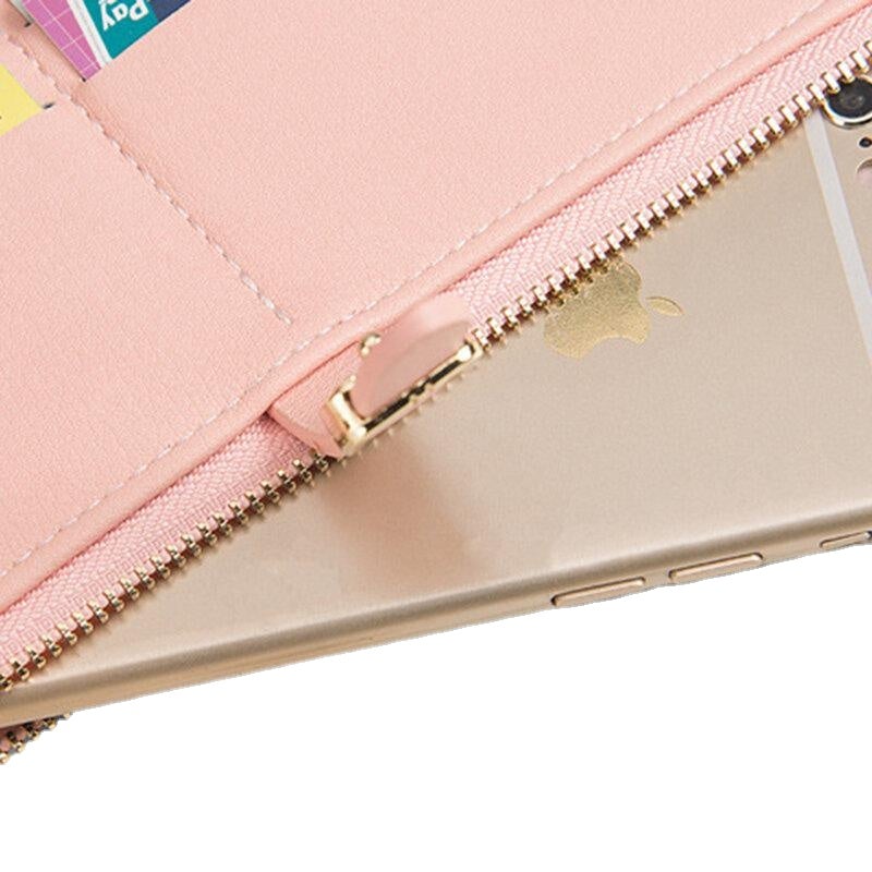 Women PU Leather Thin Solid Color Bifold Long Purse Card Holder Wallet