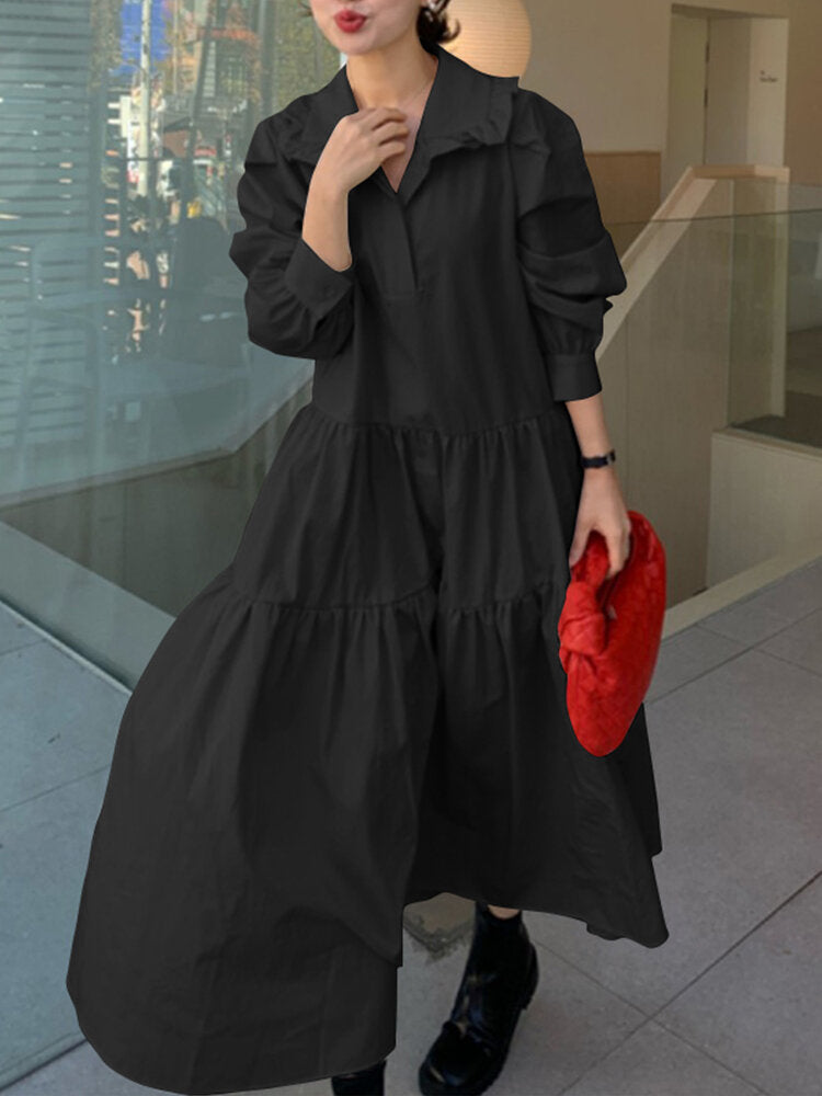 Women Solid Tiered Doll Collar Long Sleeve Casual Maxi Dresses