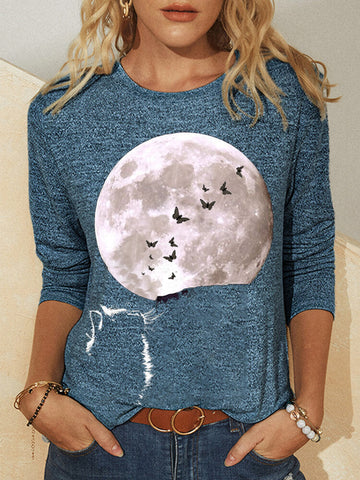 Women Cat Moon Graphic Printed Long Sleeve O-Neck Casual T-shirt