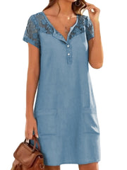 Solid Button Pocket Patchwork Hollow Out Short Sleeve Casual Dress