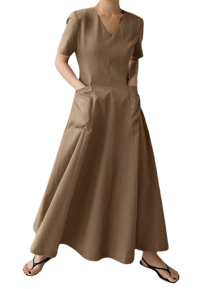 Solid Pocket Short Sleeve V-neck Swing Maxi Dress