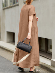 Solid Pocket Round Neck Short Sleeve Casual Cotton Maxi Dress