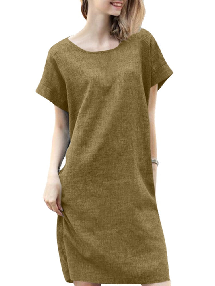 Solid Short Sleeve Round Neck Midi Casual Dress