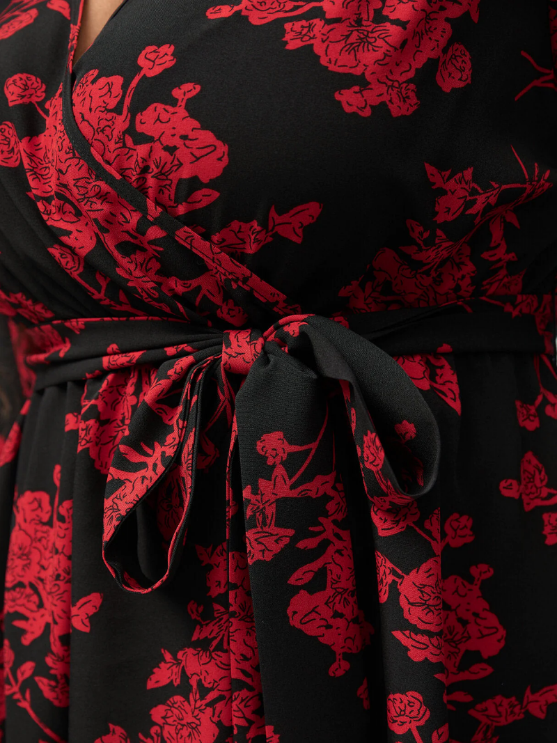 Plus Size V-neck Floral Print Belt Design Long Sleeves Blouse