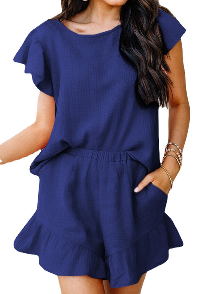 Solid Pocket Ruffle Casual Cotton Suit