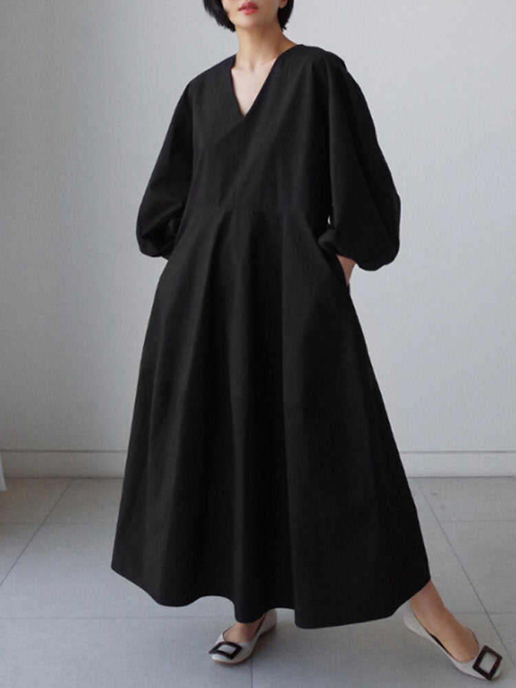 Women Solid V-neck Puff Sleeve Loose Plain Casual Maxi Dress With Pocket