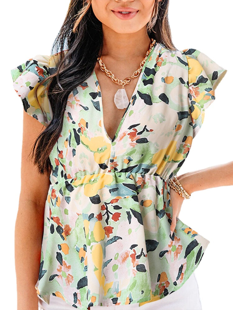 Plant Print V Neck Casual Ruffle Short Sleeve Blouse