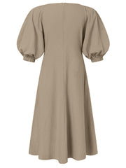 Women Puff Sleeve 100% Cotton V-Neck Solid Color Elastic Cuff Pleats Midi Dresses