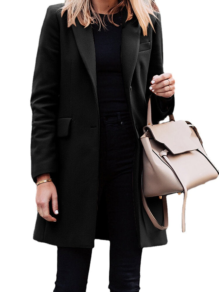 Solid Button Long Sleeve Lapel Coat For Women