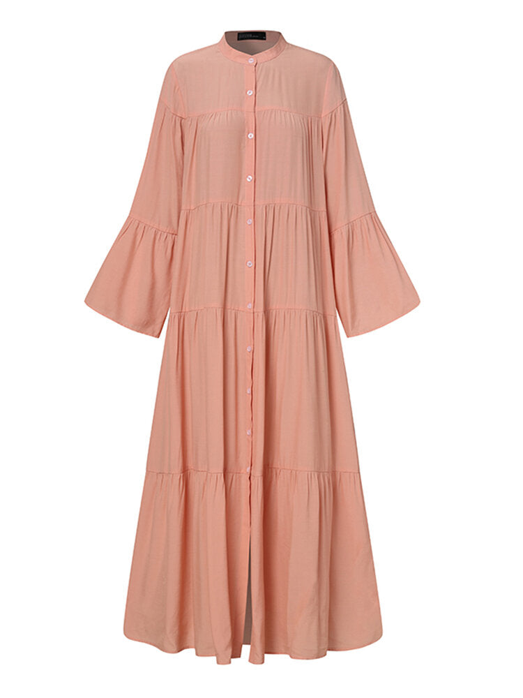 Women Tiered Button Up O-Neck Pleated Casual Flare Sleeve Maxi Swing Dresses