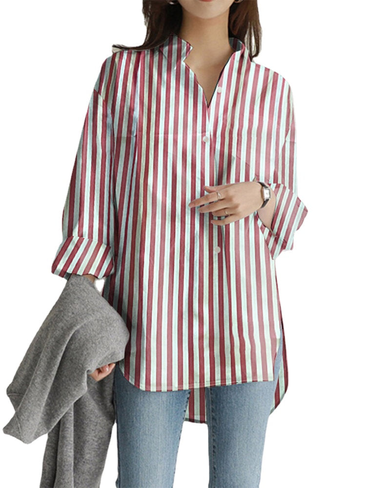 Women Vertical Stripe Print Split Irregular Hem Long Sleeve Casual Shirt With Pocket