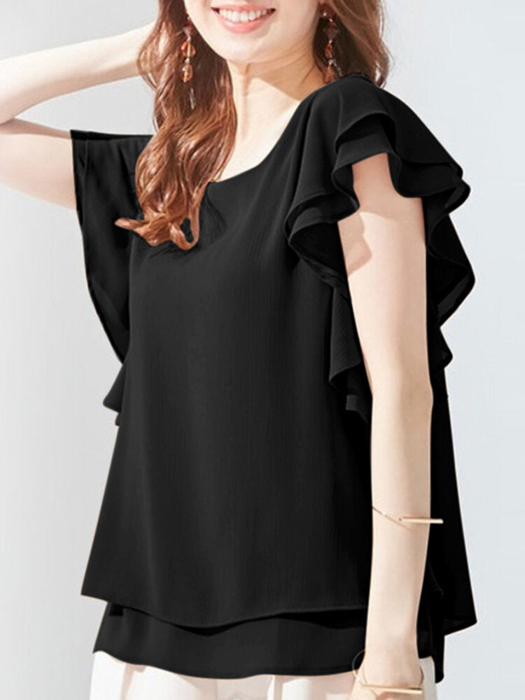 Solid Layered Ruffle Round Neck Casual Blouse