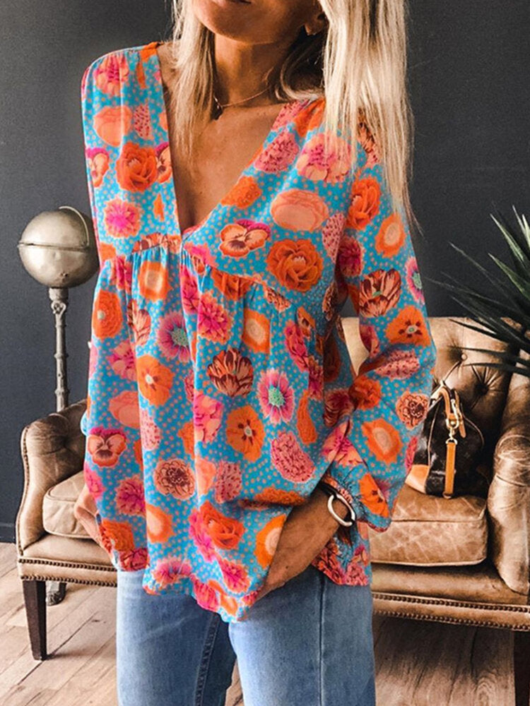 Women V-Neck Vintage Floral Print Long Sleeve Bohemia Blouse