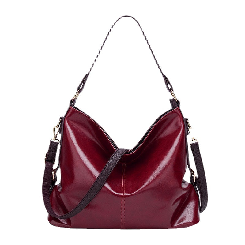 Women Faux Leather Retro Fashion Large Wax Leather Capacity Handbag Shoulder Bag Tote