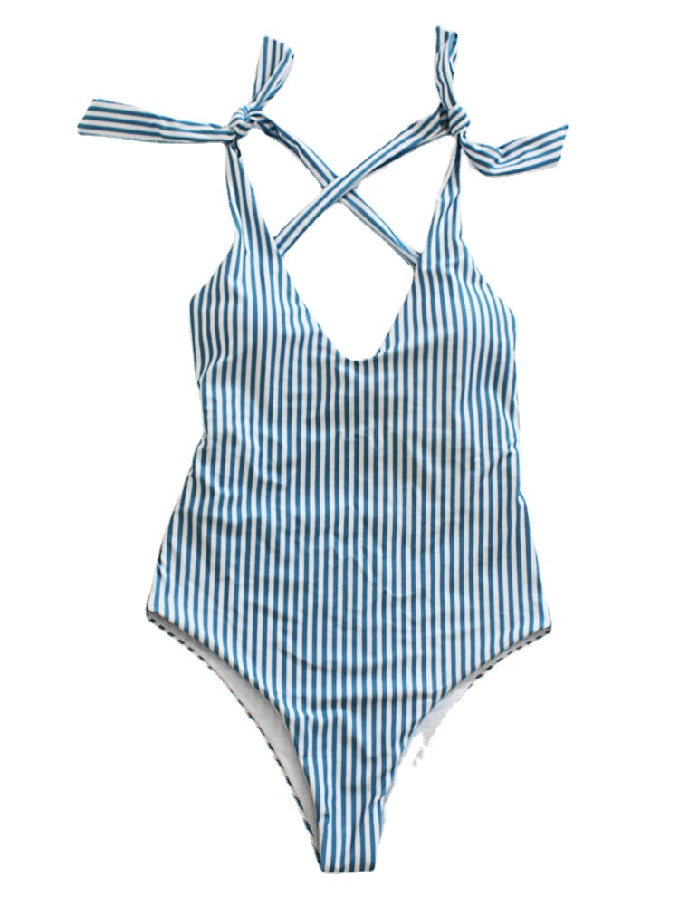 Women Pinstripe Criss Cross Back Cute Bow Shoulder One Piece Slimming Swimsuit