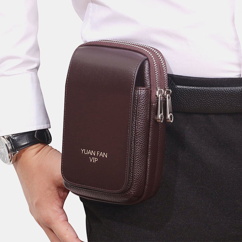 Men Genuine Leather Double Layer Large Capacity Waist Bag Retro Mini 6.5 Inch Phone Belt