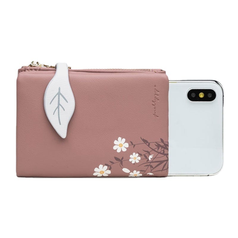 Women PU Leather Floral Printing Casual Mini Easy Carry Money Clip Card Holder Wallet