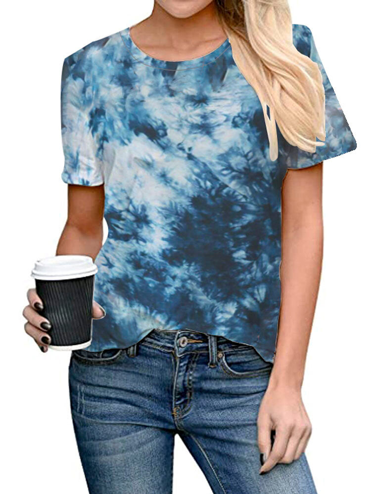 Tie-dye Print Round Neck Short Sleeve Loose Casual T-shirts Women