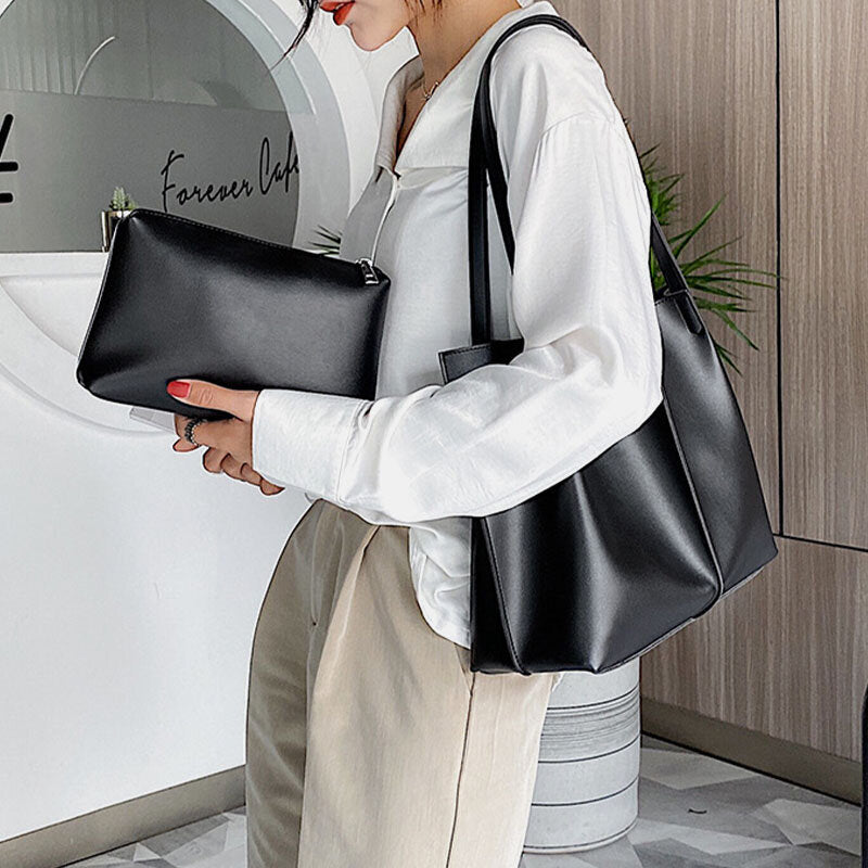 2 Pcs Women PU Leather Rivet Hasp Wild Large Capacity Ruched Bag Shoulder Handbag