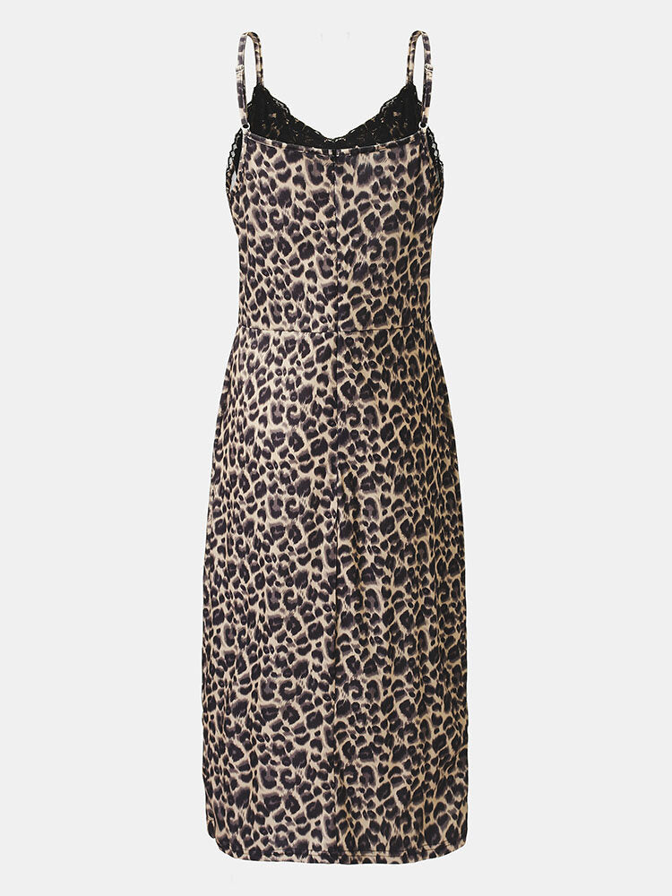 Leopard Print Lace Patchwork Slit Hem Strap Midi Dress For Women