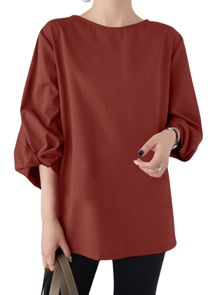 Solid Crew Neck Loose 3/4 Sleeve Casual Blouse