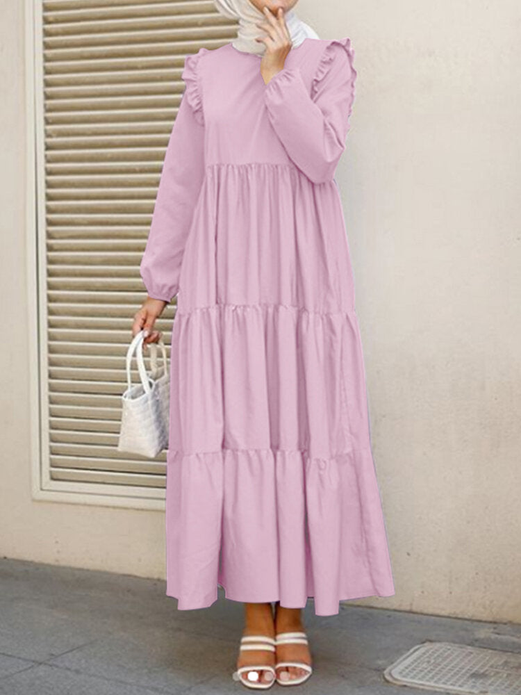 Women Solid Cotton Ruffles Hem Layered O-Neck Tiered Dress Casual Long Sleeve Maxi Dress