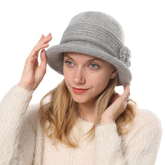 Women Rabbit Hair Plus Thicken Warm Flower Decoration Fashion Casual Knitted Hat Bucket Hat