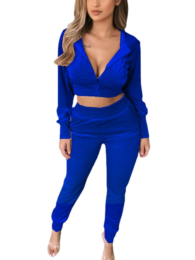 Women Velvet Zip Up Crop Hooded Sweatshirt Casual Long Two-Piece Set With Pocket