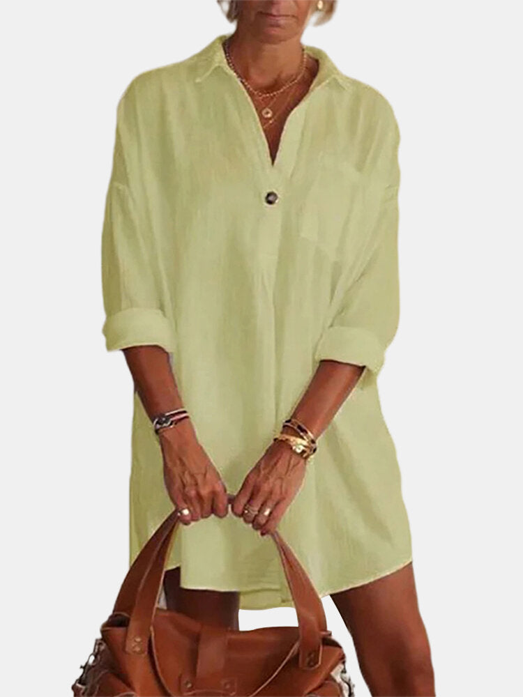 Solid Color Turn-down Collar Long Sleeve Pocket Shirt Dress