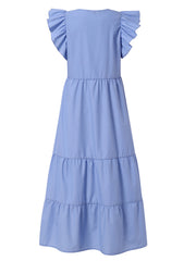 Women Solid Color Ruffles Sleeve Bohemian Casual U-Neck Layered Tiered Dress