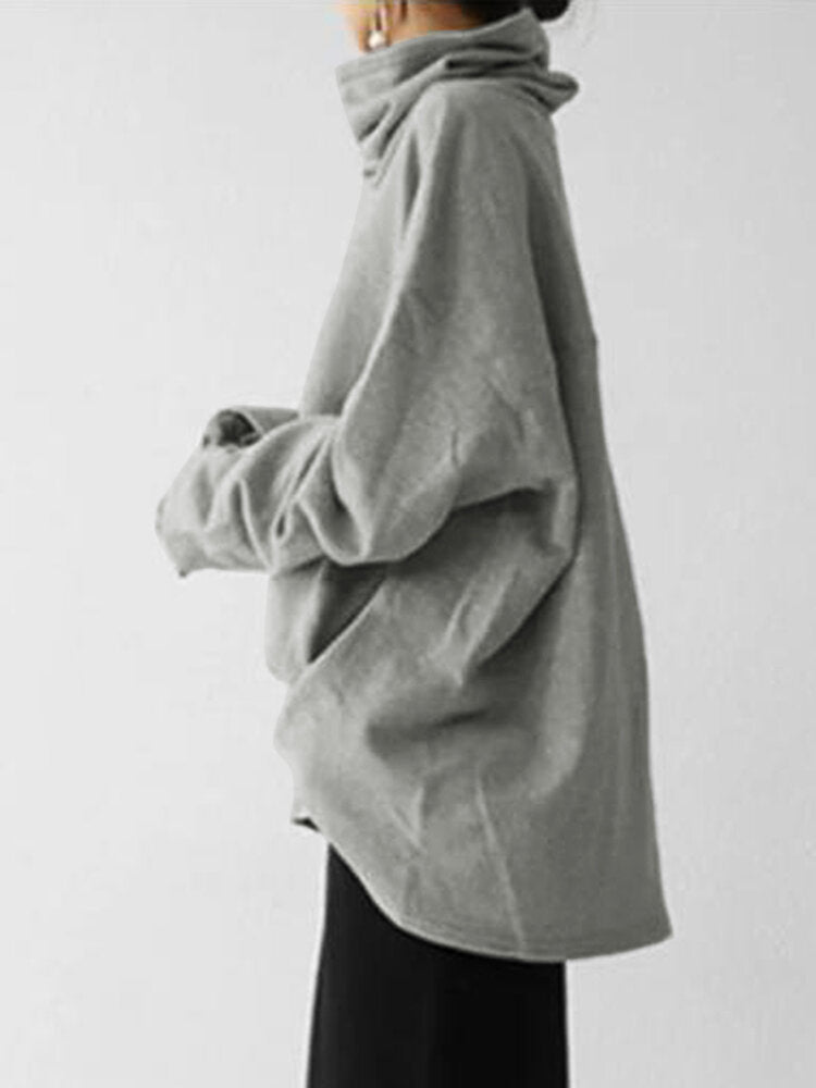 Women Turtleneck Stitching Design Wide Sleeves Solid Loose Pullover Sweatshirt