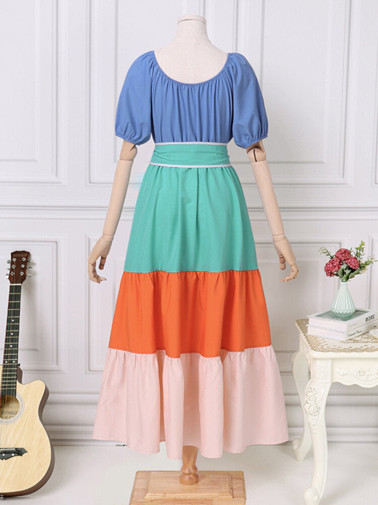 Women Puff Sleeve U-Neck Pleated Spliced Patchwork Casual Elegant Maxi Loose Dress