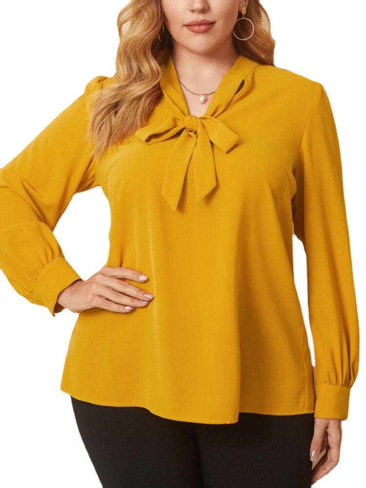 Plus Size Women Pure Color Pussybow OL Casual Long Sleeve Blouses