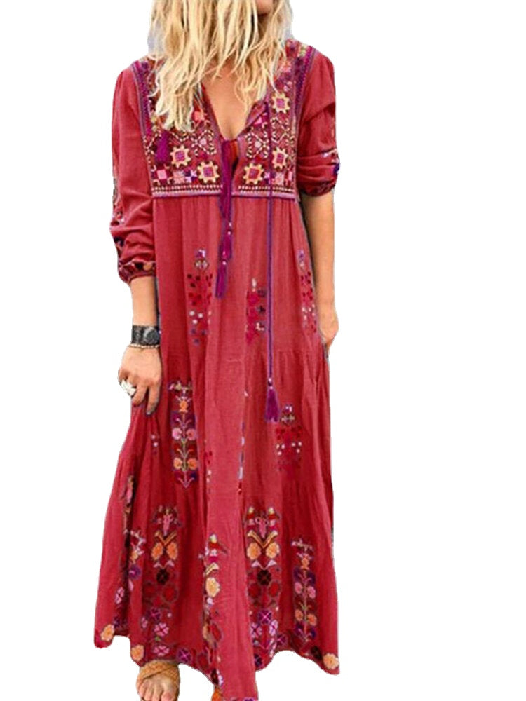 Bohemian Casual Patchwork V Neck Floral Embroidery Maxi Dress