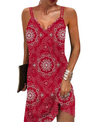 Women's Casual Dress Ethnic Dress Summer Dress Floral Tribal Print Strap Mini Dress Active Fashion Outdoor Daily Sleeveless Loose Fit Red Spring Summer