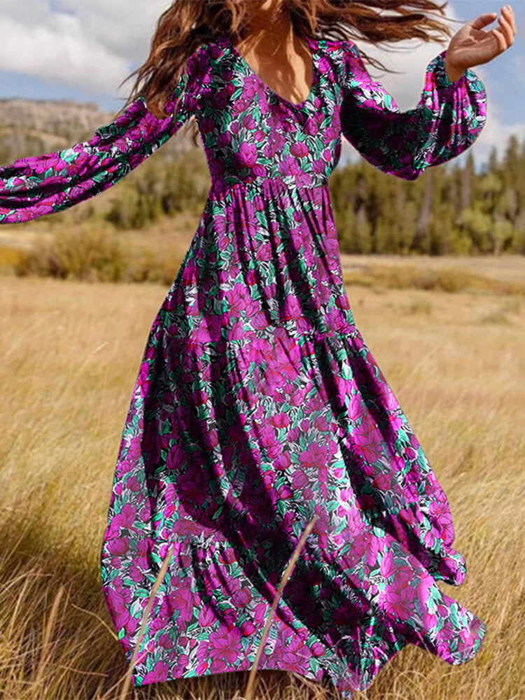 Floral Print V-neck Long Sleeve Invisible Zip Maxi Dress