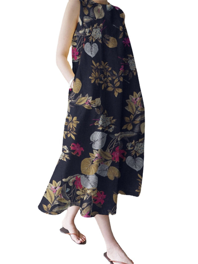 Women Plant Floral Print Sleeveless Loose Maxi Dress With Side Pocket