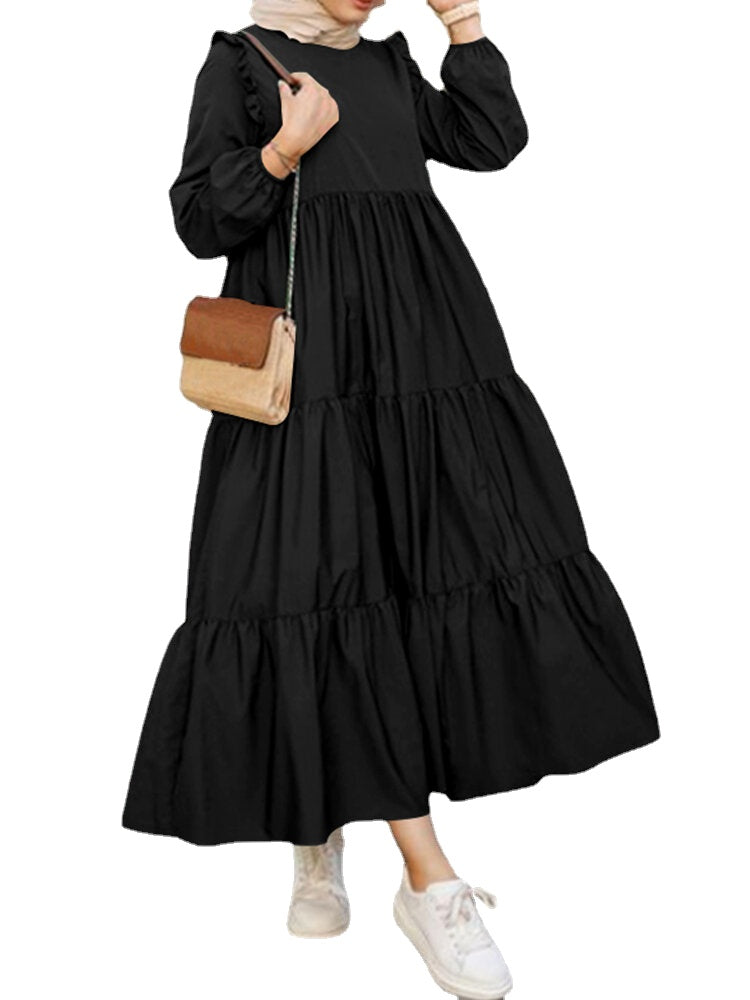 Women Solid Cotton Ruffles Hem Layered O-Neck Tiered Dress Casual Long Sleeve Maxi Dress