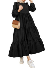 Women Solid Cotton Ruffles Hem Layered O-Neck Tiered Dress Casual Long Sleeve Maxi Dress