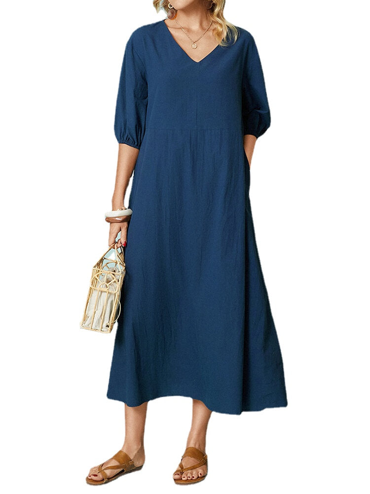 Casual Solid Color V-Neck Half Sleeve Maxi Dress