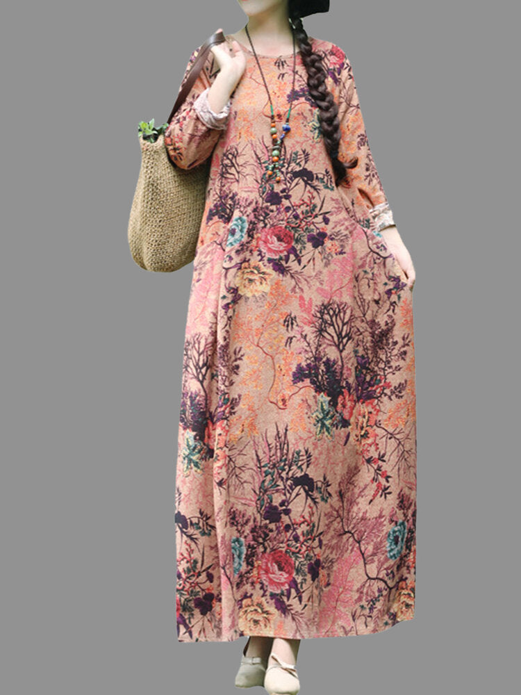 Vintage Floral Print O-neck Loose Maxi Dress