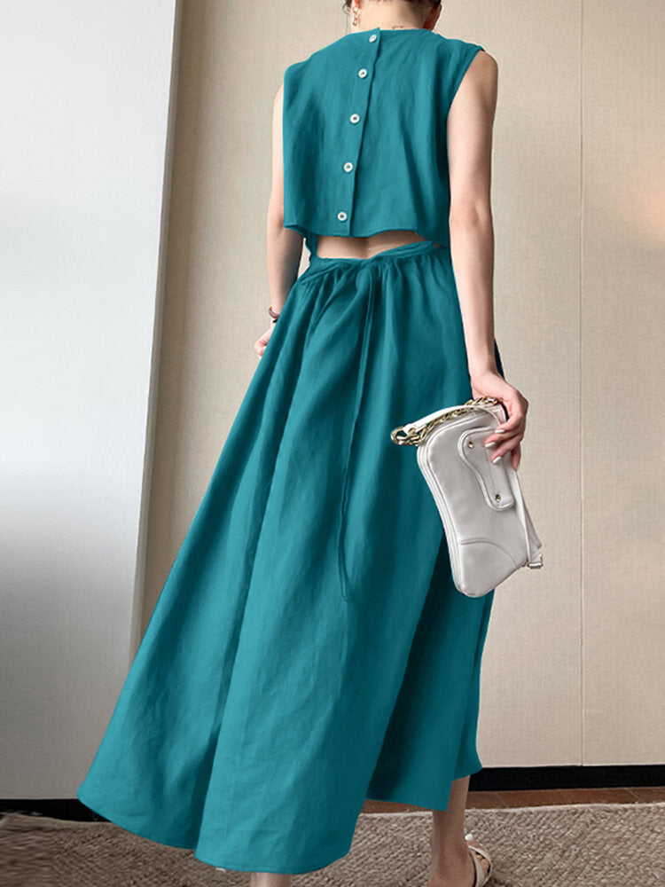 Solid Button Pocket Drawstring Show Waist Sleeveless Maxi Dress