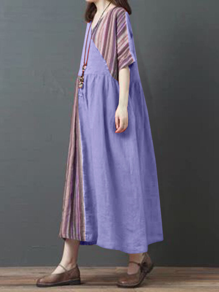 Stripe Patchwork V-neck Half Sleeve Pocket Vintage Maxi Dress