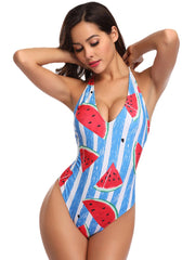 Women Watermelon Print Striped V-Neck Backless One Piece Hot Swimwear